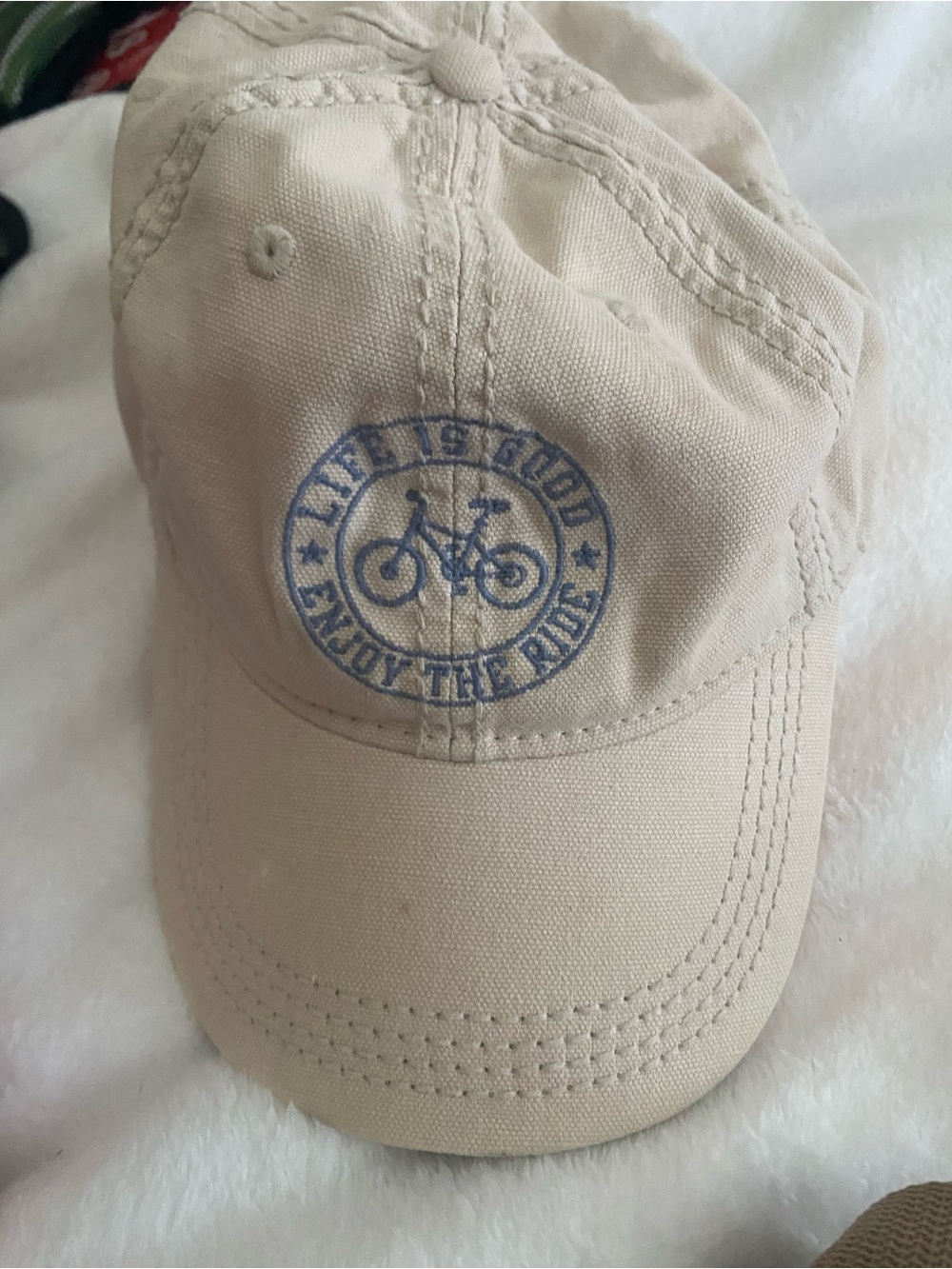 Life Is Good Cream Cap with Blue Bike Logo